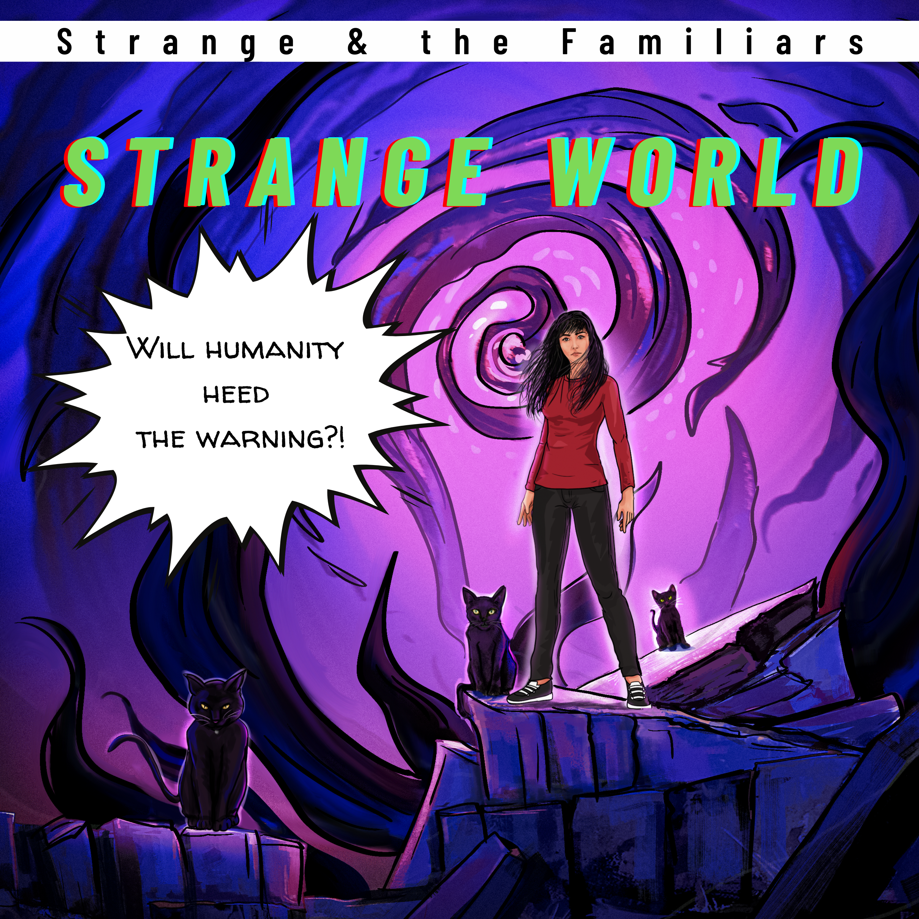 Purple, blue, and green swirls around comic book character,
                Stephanie Strange, and her three black cat Nightmares